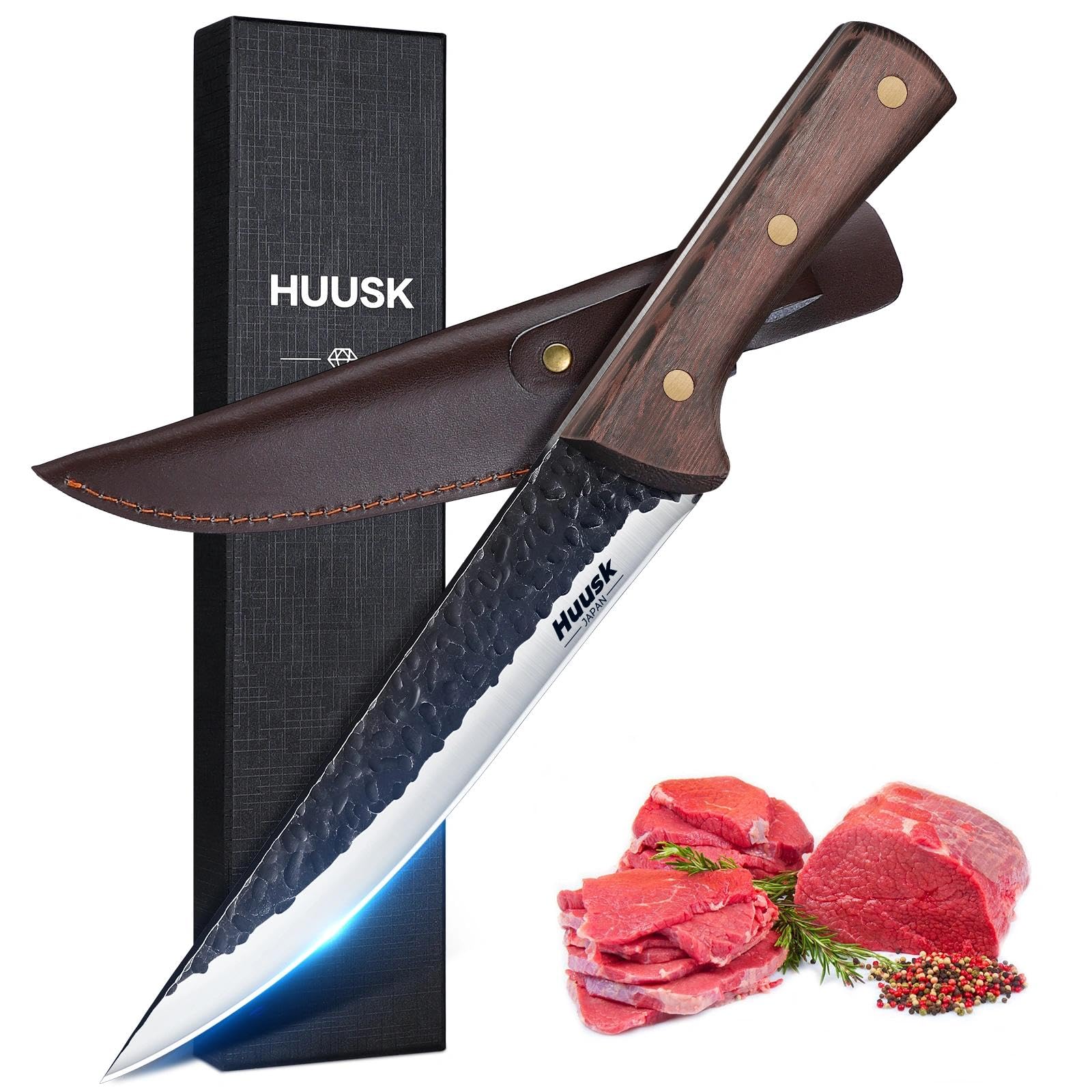 Huusk Boning Knife for Meat Cutting, Full Tang Brisket Slicing Trimming Knives with Sheath, Hand Forged Butcher Knives, Fish Fillet Knife for Meat, Gift for Men and Women