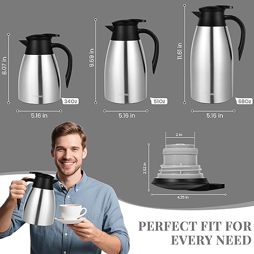 Miniatura 4 de Jarra térmica de café de 34 onzas, acero inoxidable aislado al vacío para mantener el café caliente, dispensador de café y bebidas de 1 litro