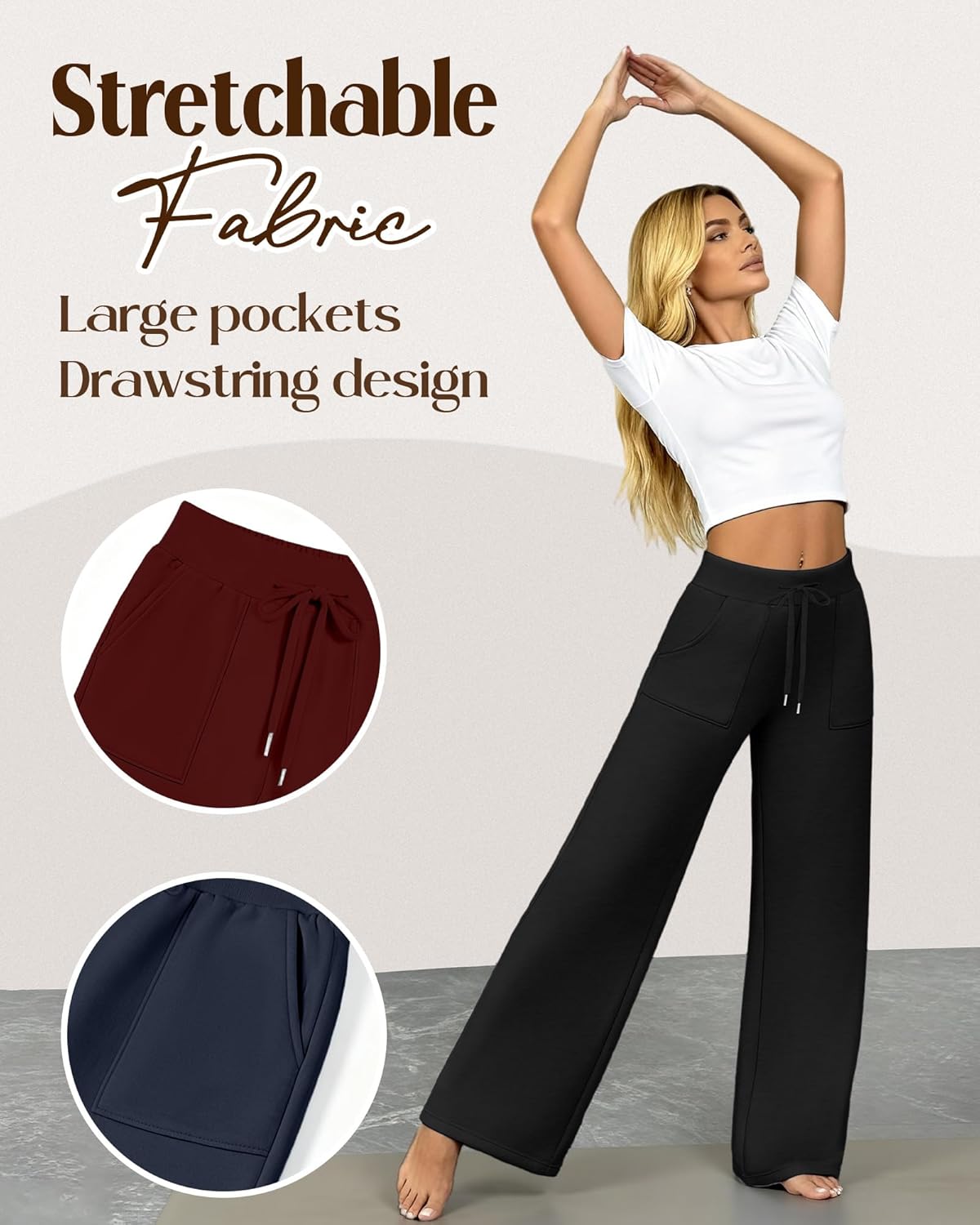 3 Pack Women's Wide Leg Sweatpants Baggy Workout High Waist Drawstring Jogger Casual Yoga Pants with Pocket - Image 5