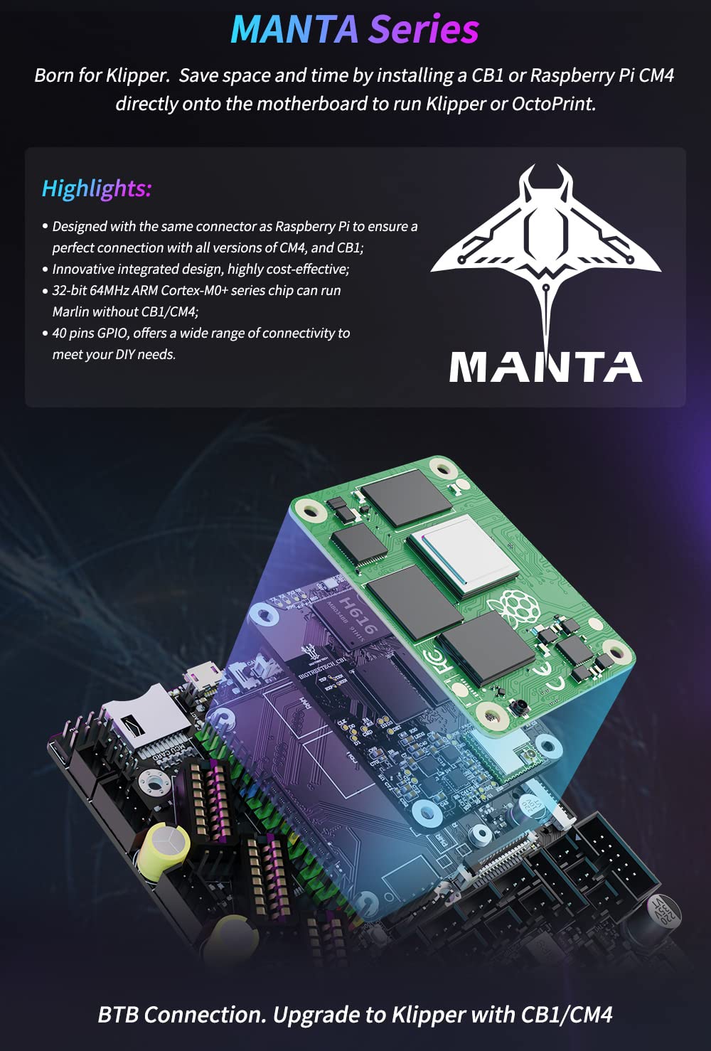 Compatible Ender-3 Klipper Carte Contrôleur BIGTREETECH Manta E3EZ V1.0 - Compatible Ender-3 - Support Klipper, CM4/CB1 - Moteurs EZ2209 Carte Mère Imprimante 3D