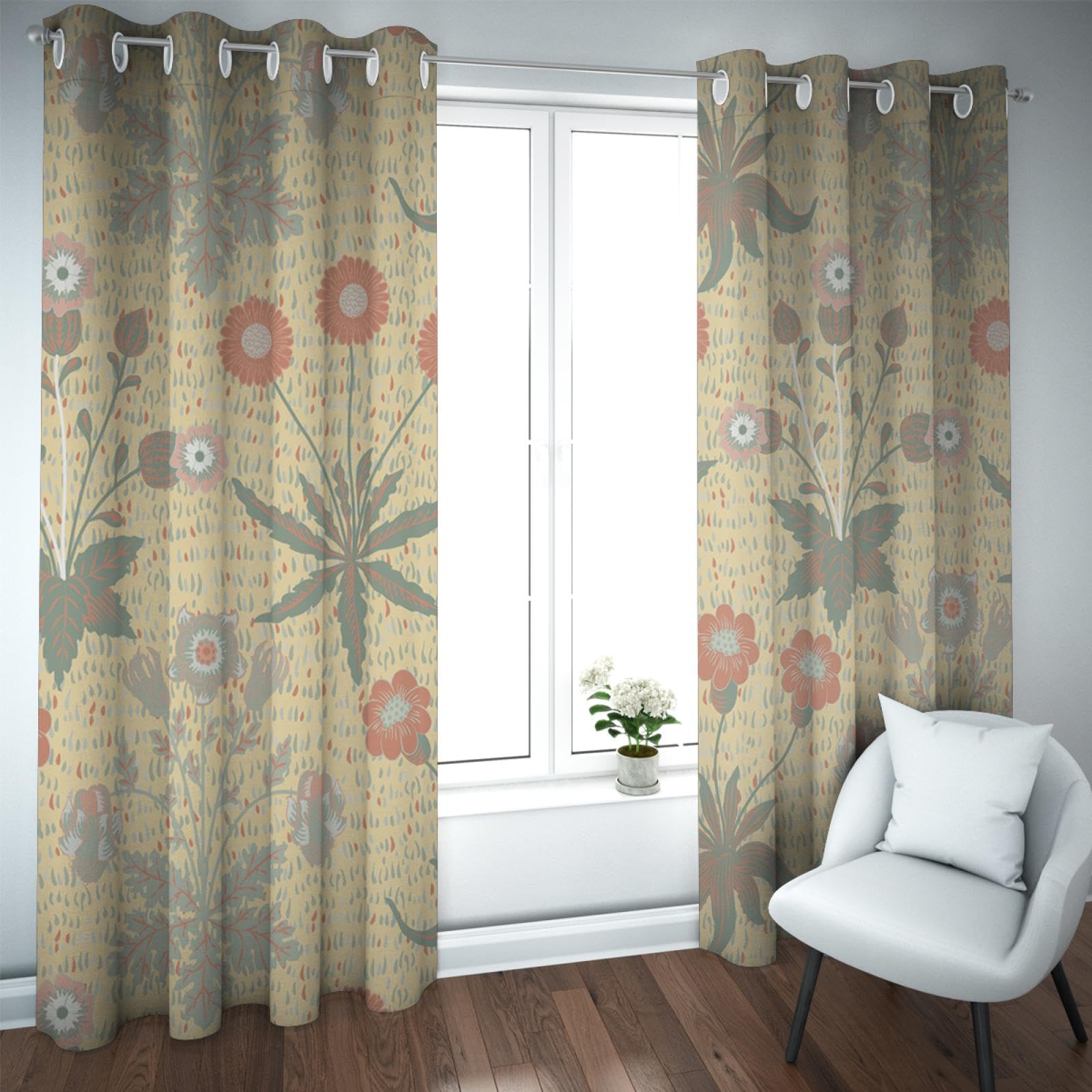 CHERHERART Boho Plant Flowers Blackout Window Curtains William Morris Art Vintage Curtains Soundproof Window Treatments for Home Office 2 Panels W52xL72