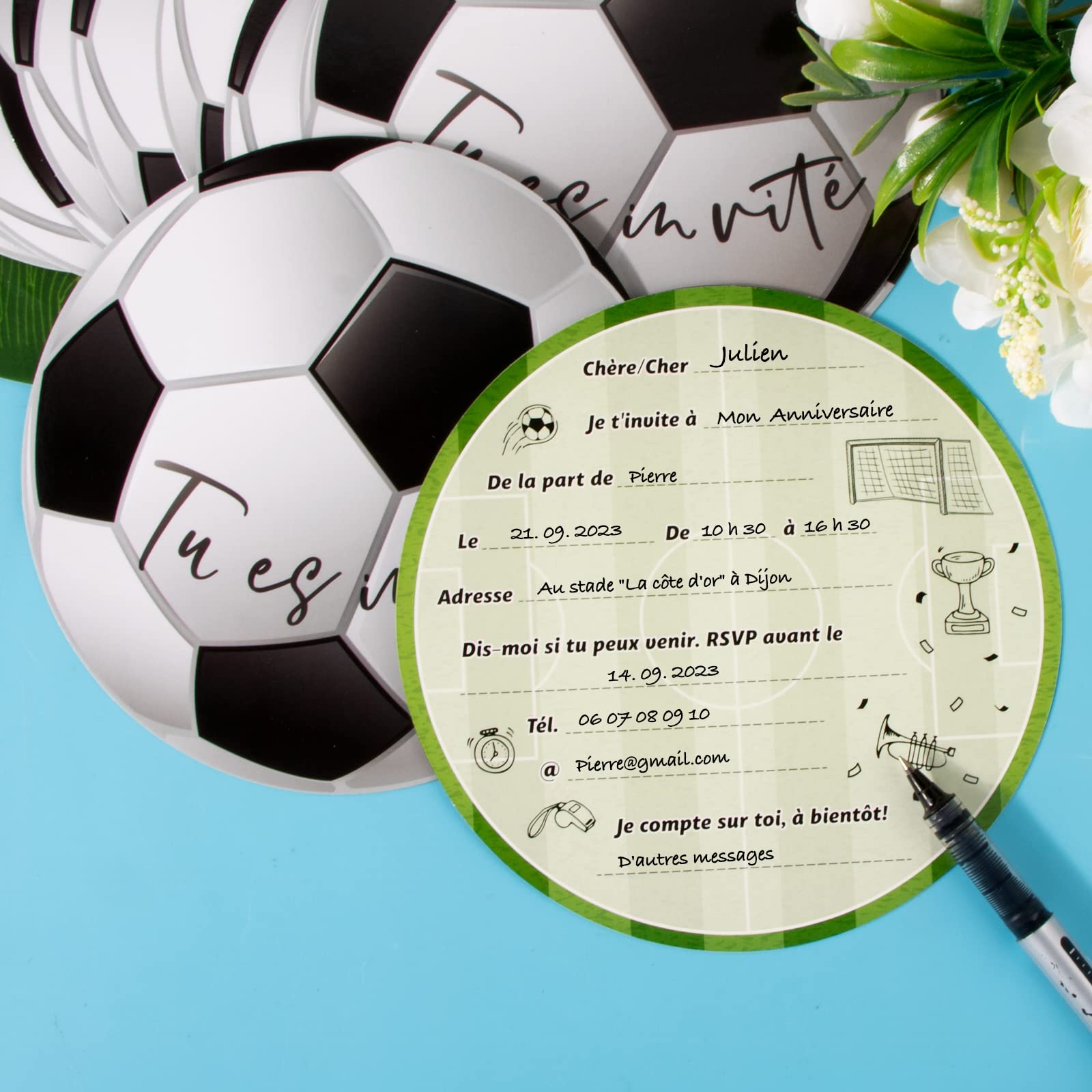 12 Biglietti D’Invito A Forma Di Calcio Per Festa Di Compleanno – Diametro 14.8 Cm, Carta Premium 350g, Fronte/Retro