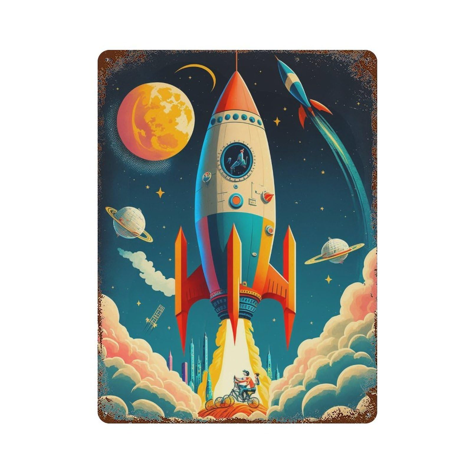 Space Adventure Rocket Launch Vintage Rust Metal Sign 15.7"x11.8", Ideal for Bistro, Counter And Cafe Decor