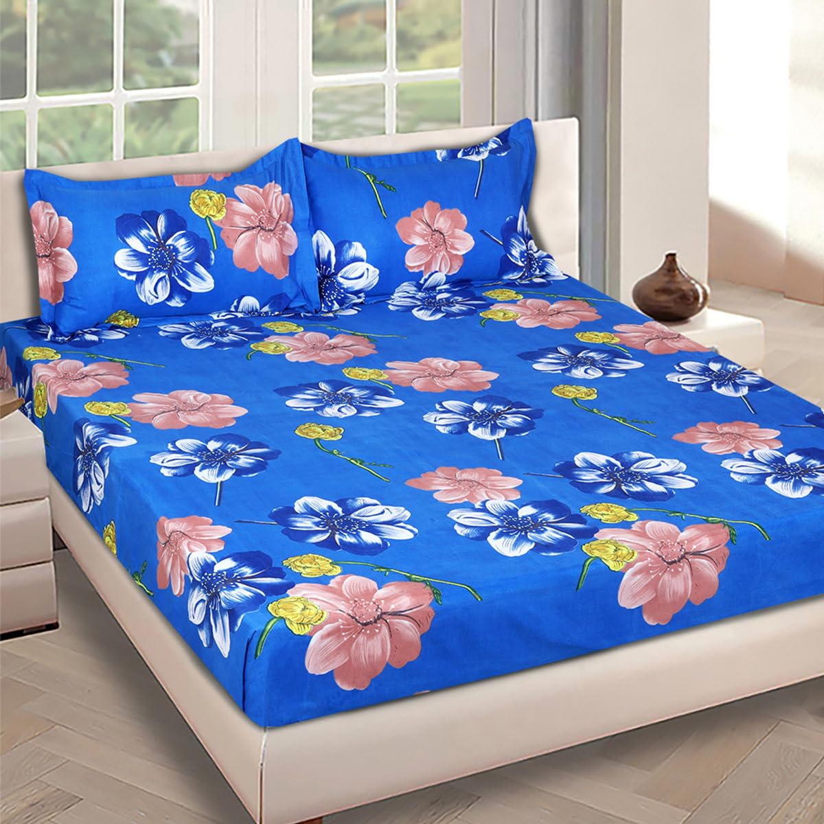 ROMEE Elegant Floral Printed Glace Cotton Double Bedsheet, 144 TC Soft Feel, Queen Size (90 x 100 Inches), with 2 Pillow Covers, Blue
