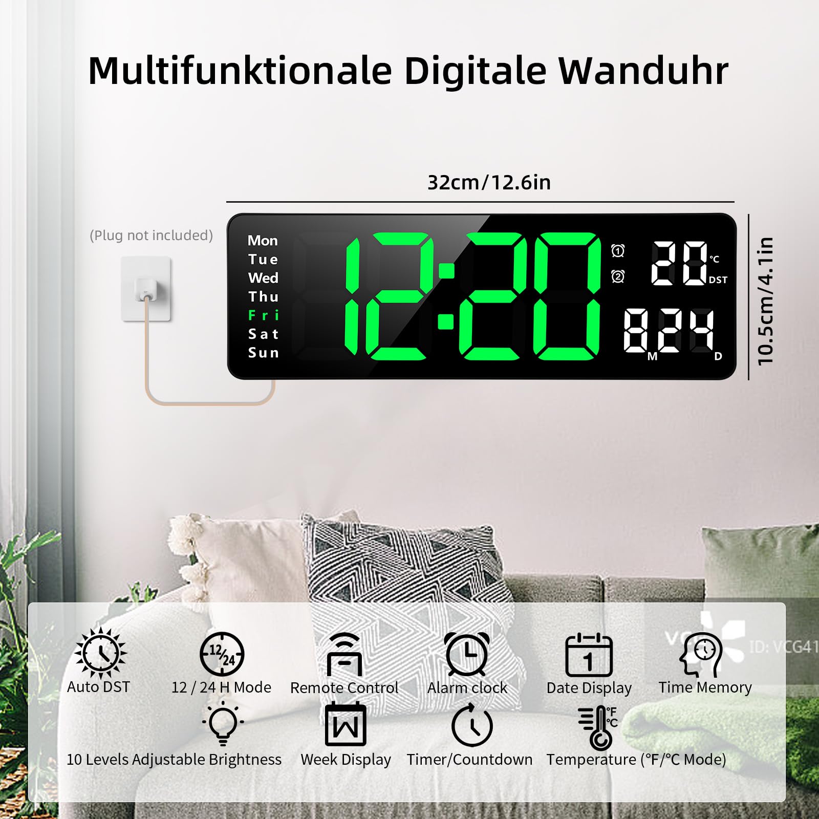 Koolertron Cyfrowy zegar ścienny LED, 13 cali, duży wyświetlacz, cyfrowy zegar z pilotem zdalnego sterowania, odliczanie, regulowana jasność, zegar ścienny z godziną/datą/temperaturą, do salonu