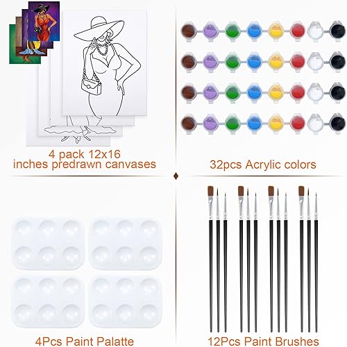 Miniatura 3 de Nuberlic Juego de 4 piezas de 12 x 16 pulgadas, elegante pintura para dama, lienzo predibujado para pintar para adultos, regalo de cumpleaños