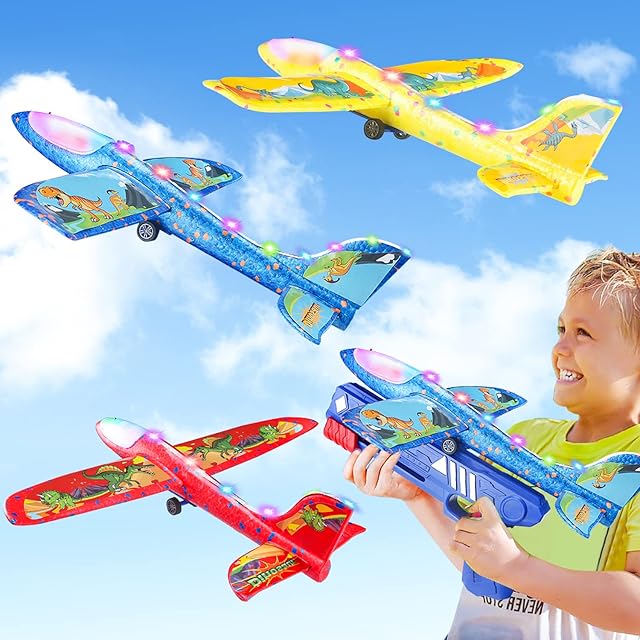 Led Aeroplane Launcher Toys,3 Pack 2 Flight Modes Dinosaur Themed LED Foam Glider Catapult Plane Toy,Outdoor Flying Toys Valentines Day Birthday Gifts for Boys Girls 4 5 6 7 8 9 10 11 12 Years Old