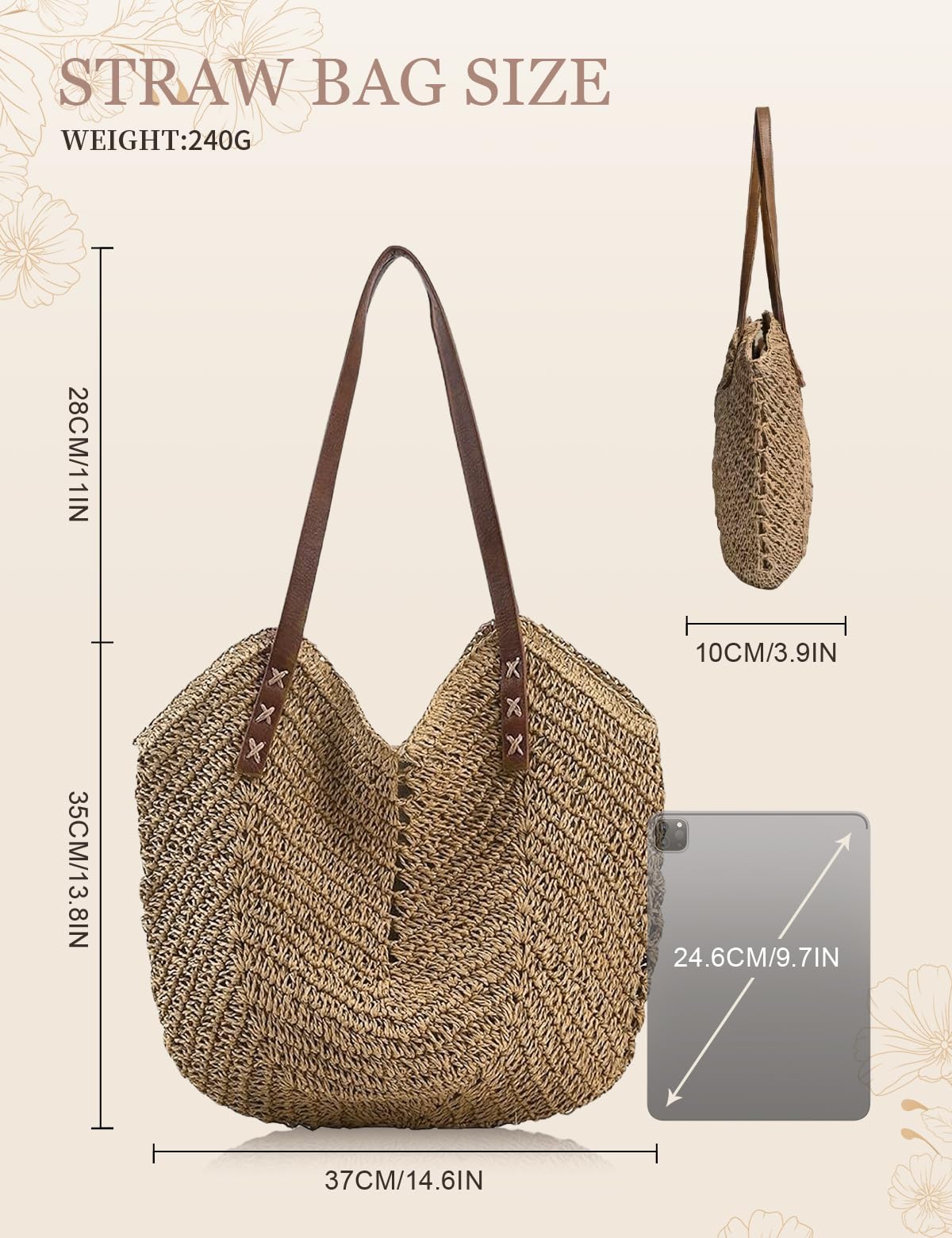 Wtyssn Beach Bags for Women with Zipper, Large Straw Bag Woven Tote Bag Straw Shoulder Bag for Summer Vocation (Khaki)