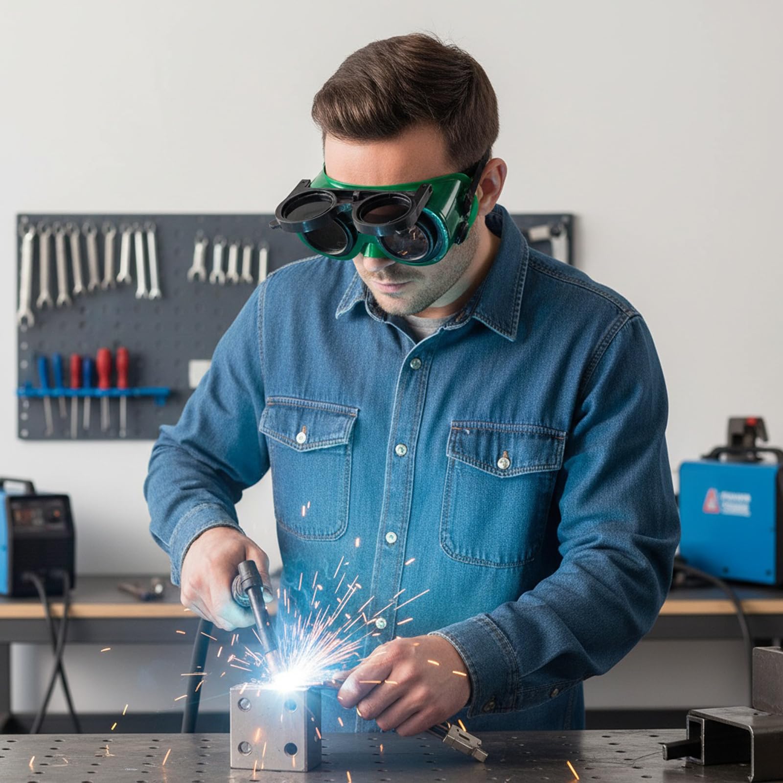 2 gafas de soldadura abatibles, marco de plástico verde de ajuste ajustable para soldadura y antorcha de corte