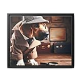 Dog Dressed as a Detective Sniffing for Clues - Framed Canvas Wall Art in Premium Pinewood Frame (14 * 11 or 20 * 16 inches)