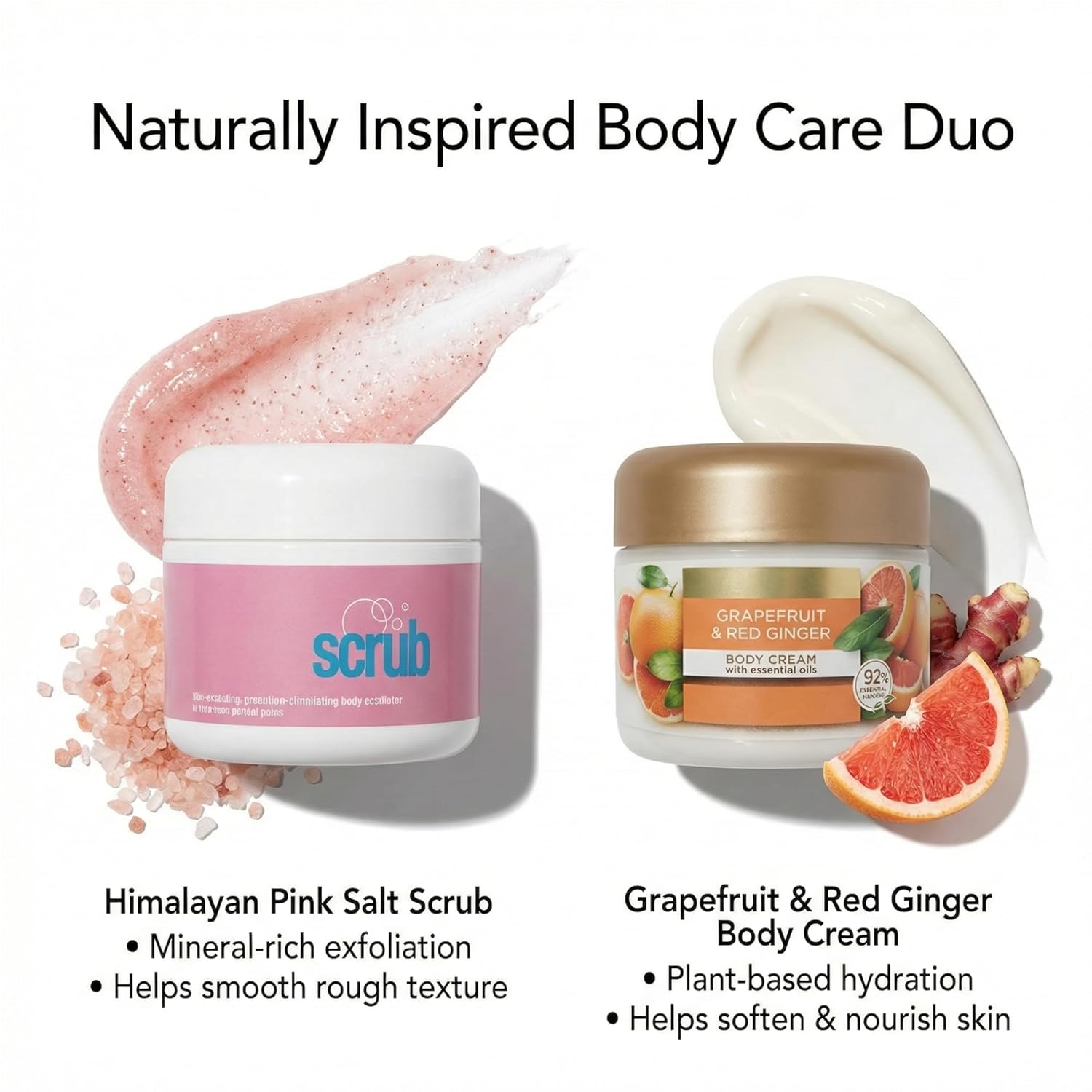 Himalayan Pink Salt Body Scrub & Body Cream Set – Exfoliating Body Scrub and Moisturizing Lotion – Spa Gift Set for Women – Grapefruit & Red Ginger – Vegan, Paraben Free - Image 4