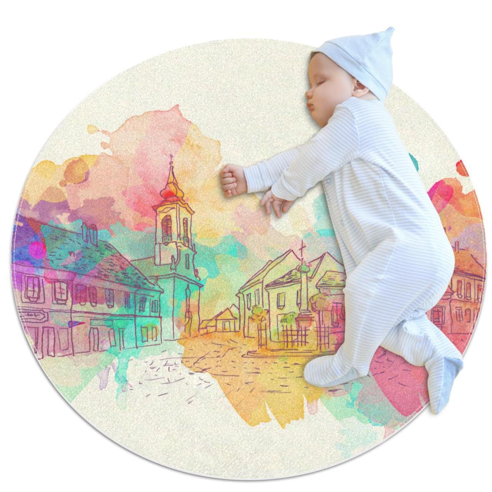 Tapis paysage de ville tapis rond de chambre 100x100cm salon decoration interieure moderne