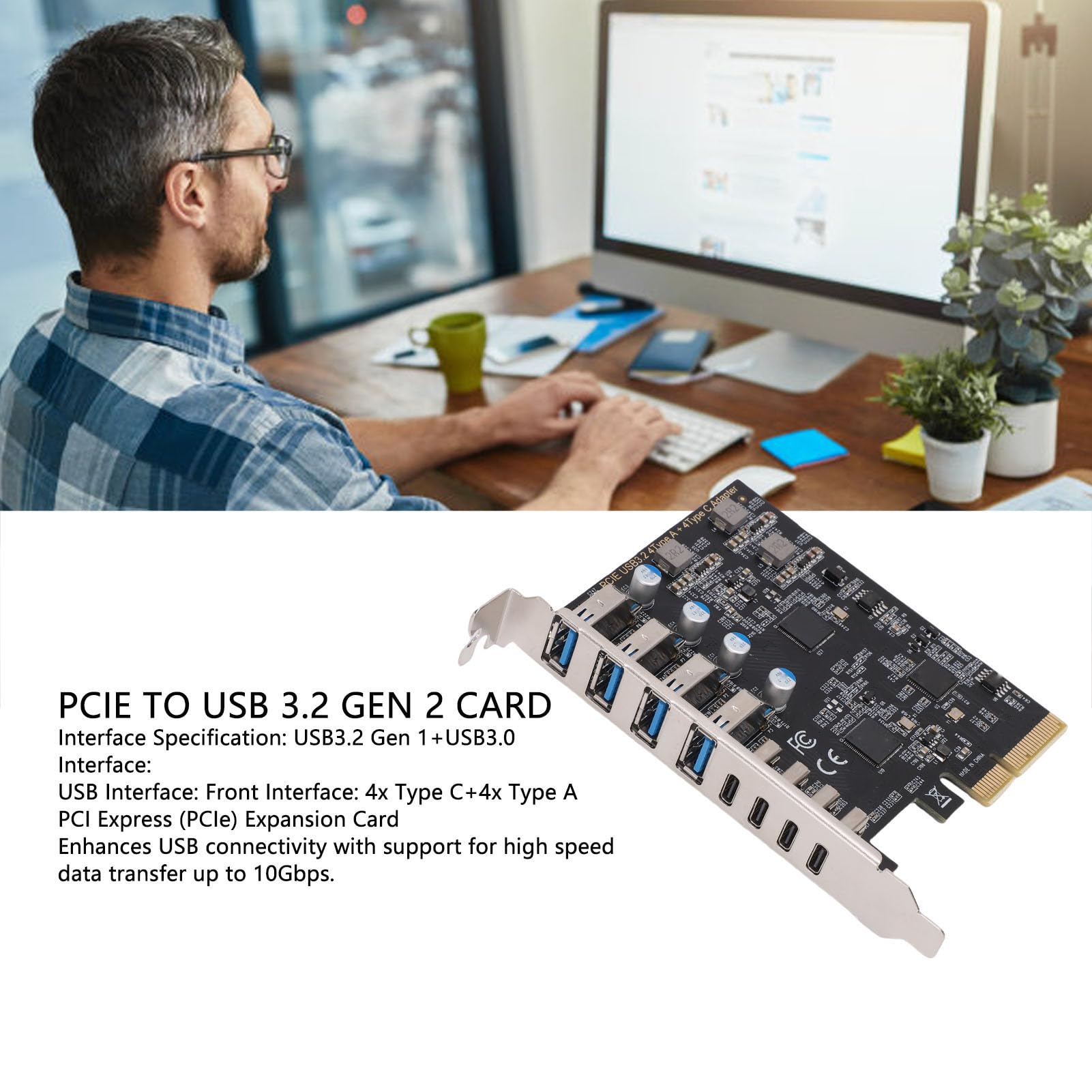 GOWENIC PCIE A USB 3.2 Scheda di Espansione Gen 2 con Larghezza di Banda da 10 Gbps, Scheda PCI Express con 4 Porte di Tipo A 4 di Tipo A, Hub Porta Interno per PC Desktop