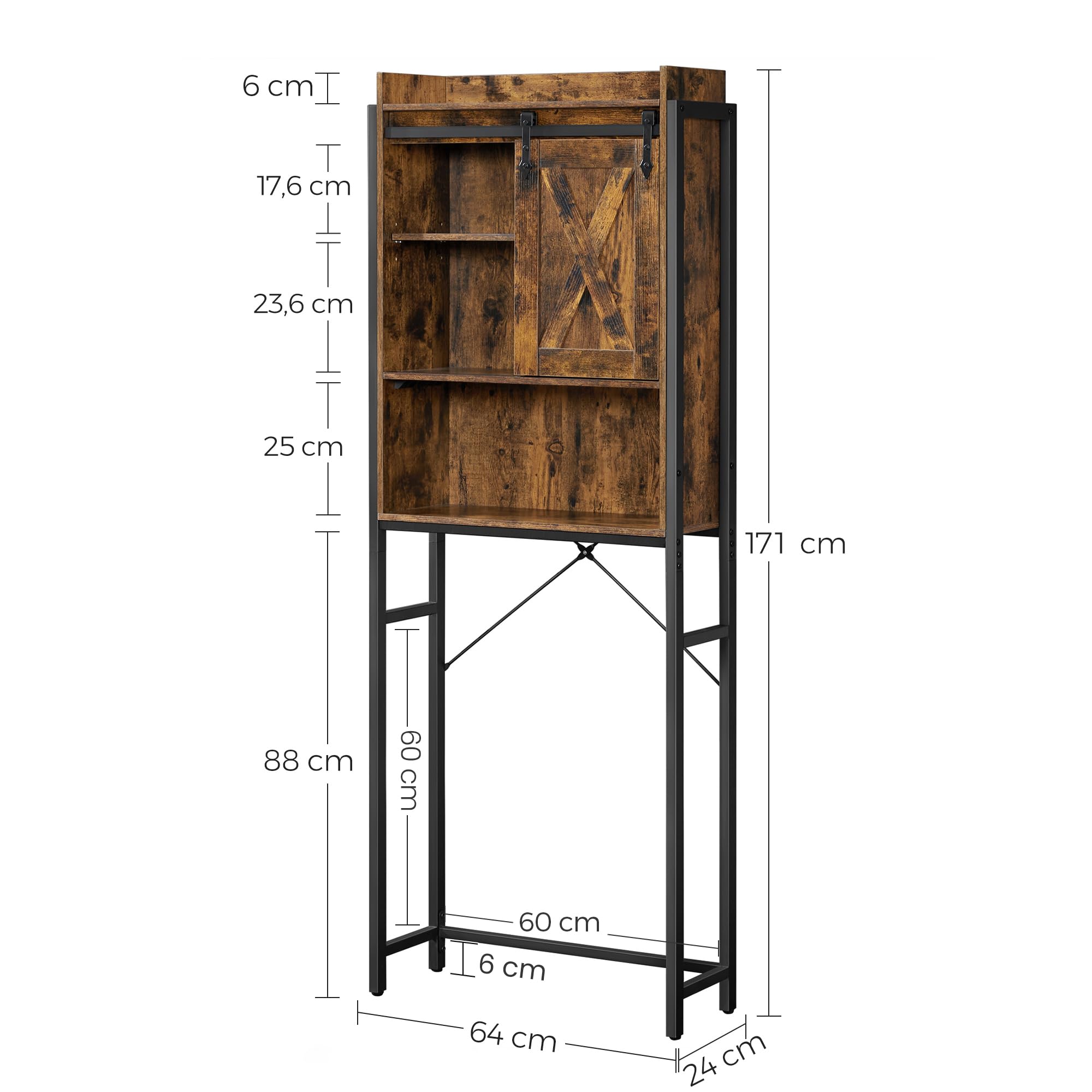 VASAGLE Mensola per WC, mobile portaoggetti per lavatrice, armadio, telaio in acciaio, stabile, montaggio semplice, stile industriale, 64 x 23,5 x 170 cm, marrone rustico e nero BTS003B01