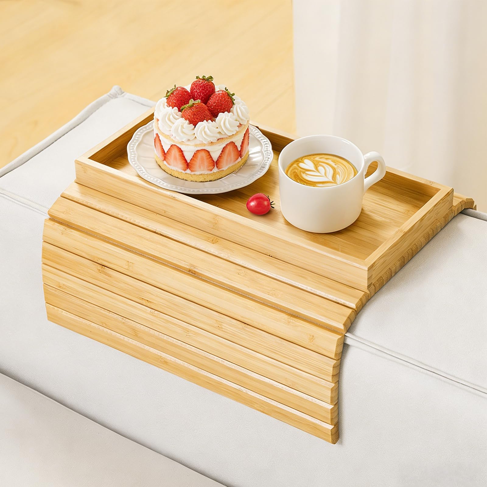 Couch Arm Tray, Bamboo Sofa Tray Table for Couch, Sofa Armrest Table, Anti-Slip Armrest Organizer, Foldable Cup Holder for Snacks, Phone, Control, Cups, Natural | Sofa Armrest Tray Table