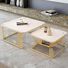 RIBAVARY® Marble Laminated Look Square Coffee Tables Set, 2 Piece Stackable Center Table with Storage Drawer and Metal Frame for Living Room or Apartments (with Storage Shelf, Gold-White)