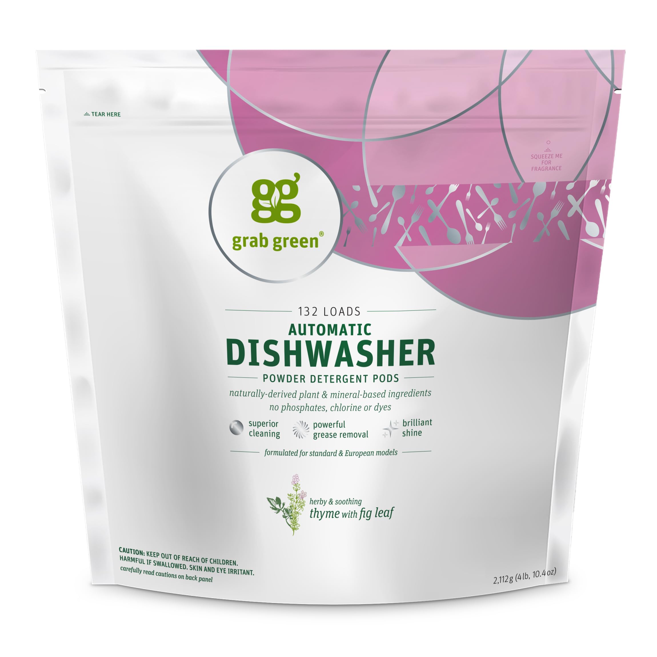 Grab Green Automatic Dishwashing Detergent Pods, 132 Count, Thyme Fig Leaf Scent, Plant and Mineral Based, Superior Cleaning, Powerful Grease Removal,