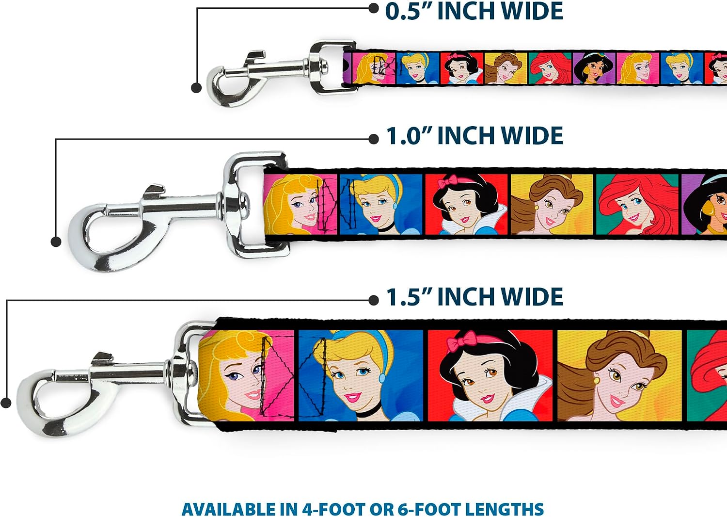 Buckle-Down Pet Leash - Disney Princess Blocks - 6 Feet Long - 1" Wide