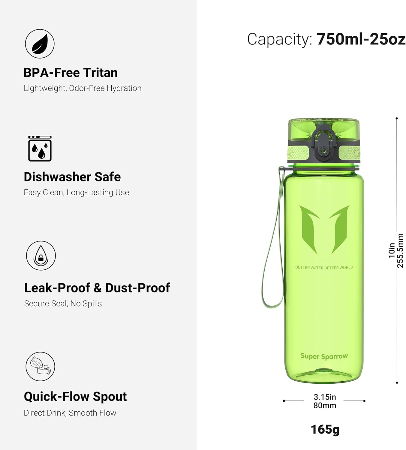 Super Sparrow Sports Water Bottle - 750ml - Non-Toxic BPA Free & Eco-Friendly Tritan Co-Polyester Plastic - For Running, Gym, Yoga, Outdoors and Camping