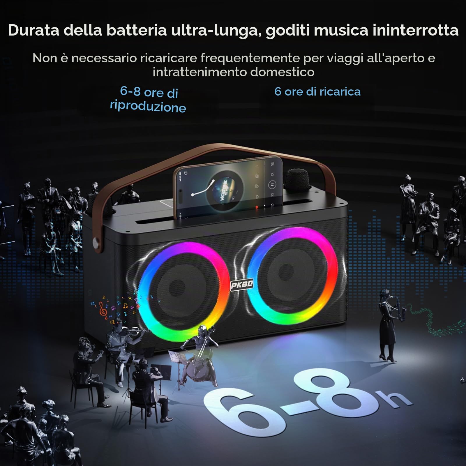 Karaoke con Supporto per Telefono/Tablet, per Casa e Feste | Con Due Microfoni Wireless/Luci LED /Sistema PA, Positionnement du Microphone d'Appoint