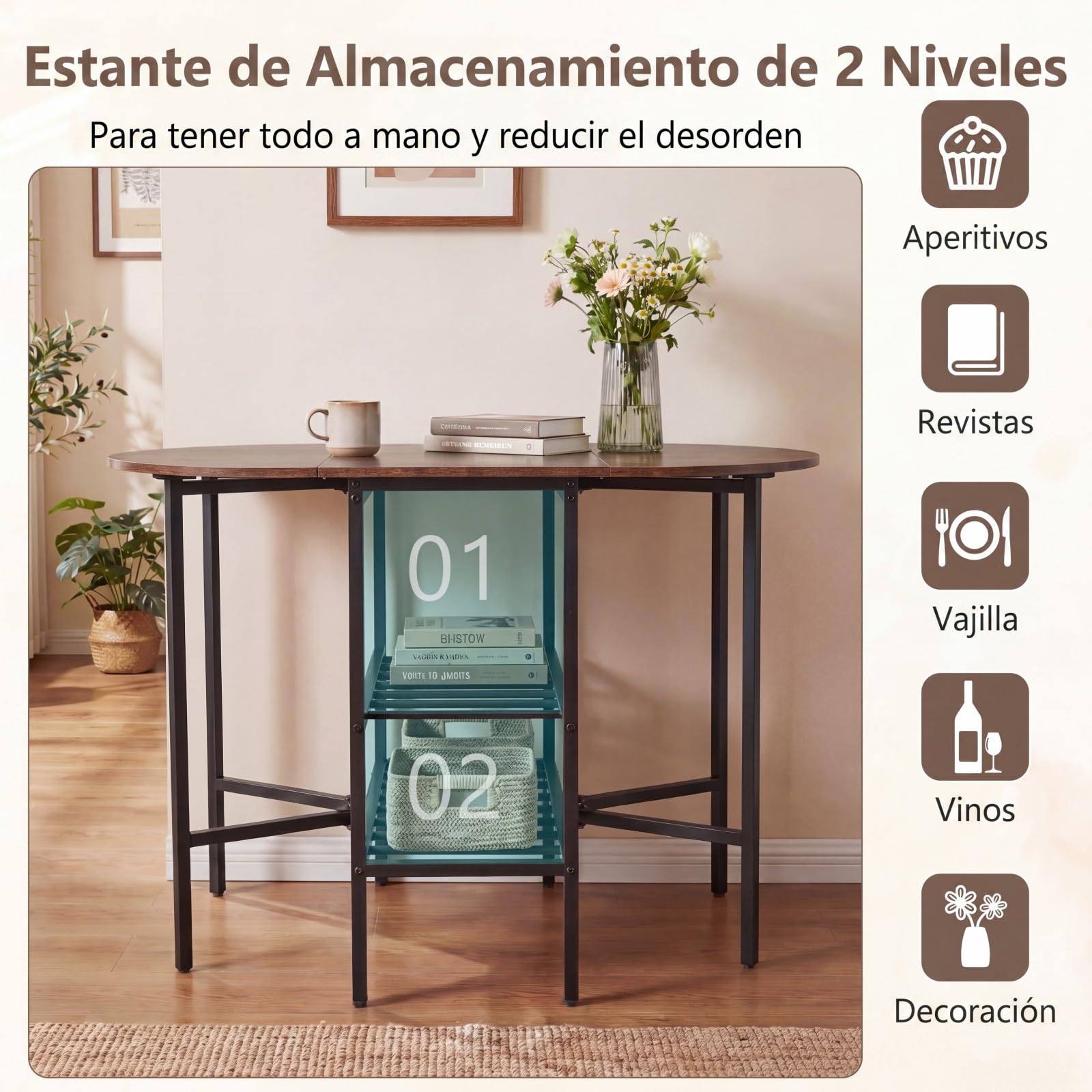 COSTWAY Mesa de Comedor Extensible, Mesa de Cocina Plegable con 2 Hojas Abatibles, 2 Estantes de Almacenamiento, Estructura de Metal, para Sala de Estar, Espacios Pequeños, 110 x 70 x 76 cm (Marrón)
