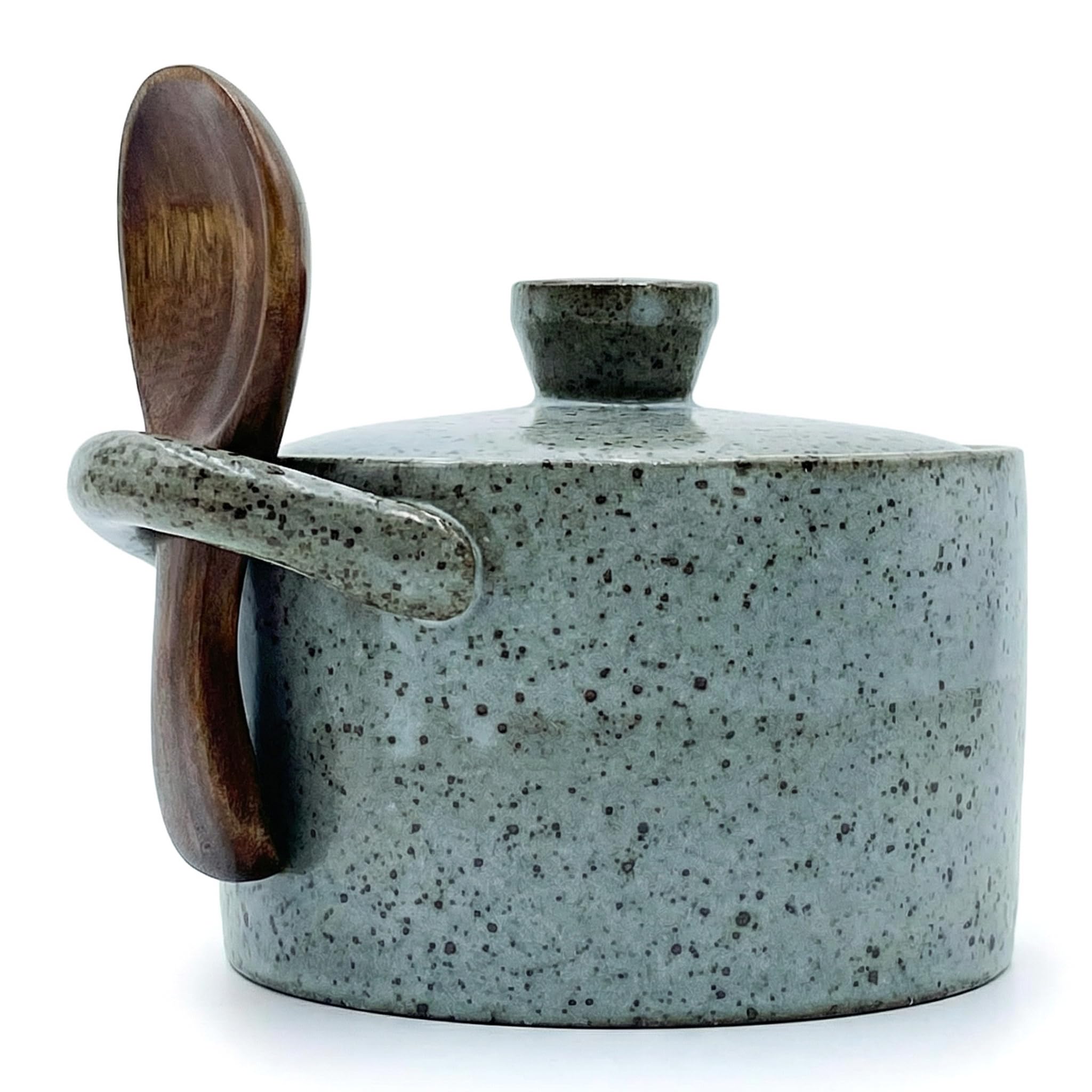 Ceramic Sugar & Salt Jars with Lids and Spoons | 8oz Countertop Seasoning Jars | Sugar Bowl & Salt Cellar Storage Jars | Sugar Bowl with Lid Set Includes Wooden Spoon | Kitchen Coffee Bar (GREY)
