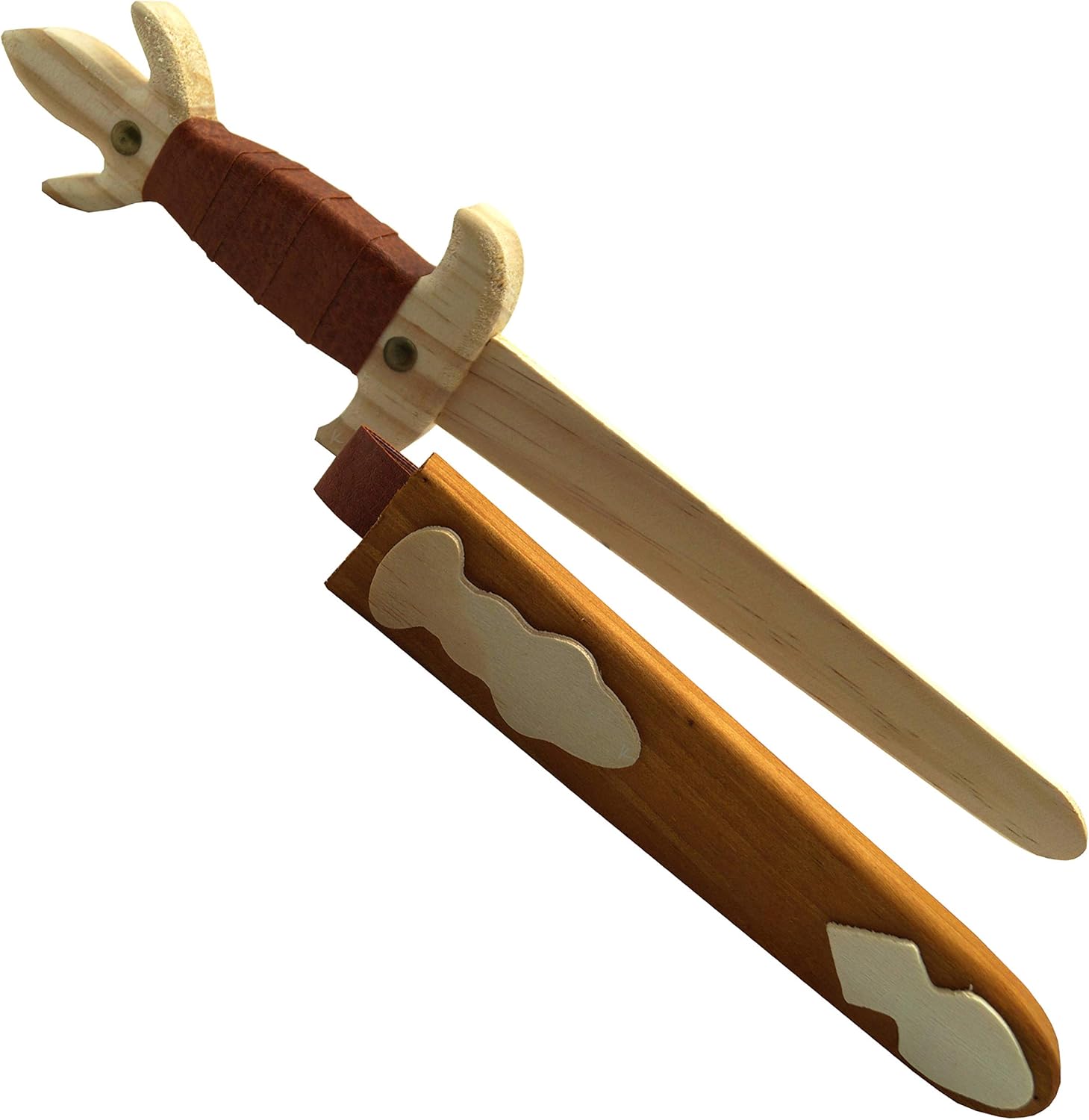 kabemi Espada de madera infantil con funda marrón y soporte para cinturón, 32 cm, muy práctica para niños, decorada con patrón de madera