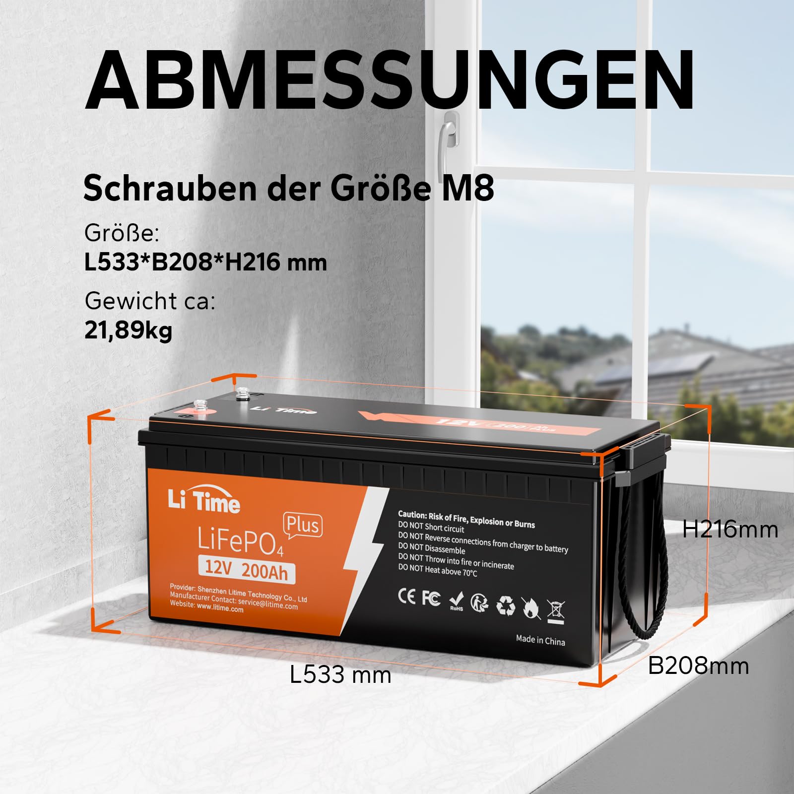 LiTime LiFePO4 200Ah 12V Plus Lithium Batterie Eingebautes 200A BMS, Max.15000 Zyklen und 2560W Ausgangsleistung, 10 Jahre Lebensdauer, für Wohnmobil, Solaranlage, Camping, Solar Home Systeme, Boote