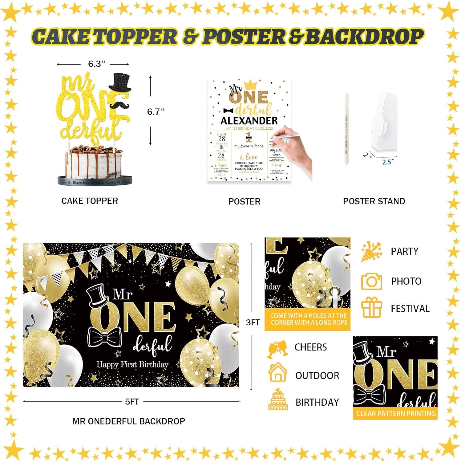 Hombae Mr Onederful 1st Birthday Decorations - Boy's First Black Gold Little Man Party Decorations, Backdrop, Balloon, Photo, Highchair Banner, Box Cutout, Cake Topper, Crown, Poster