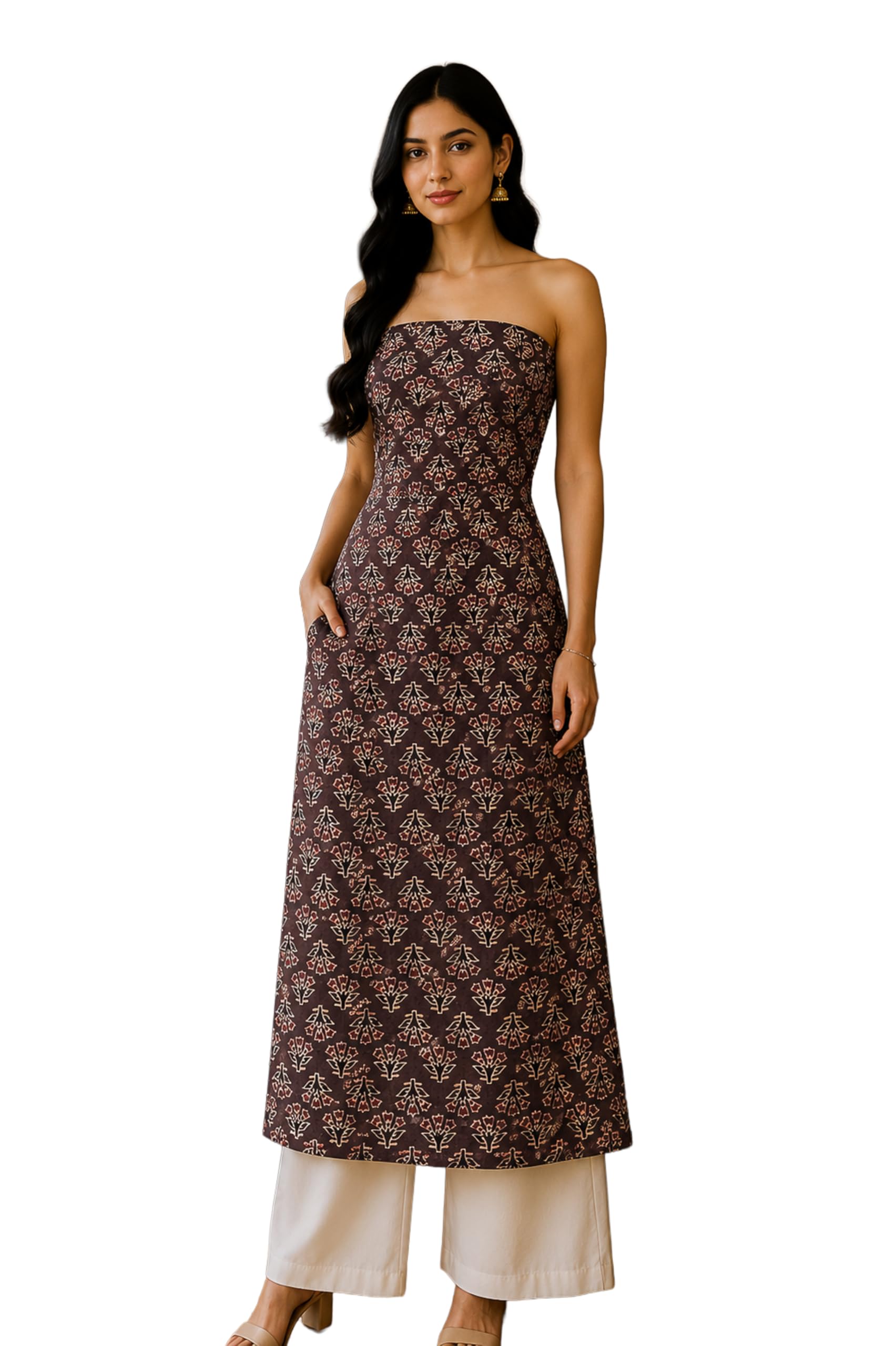 Women's Ajrakh Modal Silk Natural Dye Hand Block Print Unstitched Kurta Fabric (3 Mtrs - Brown 30102D)-image-7