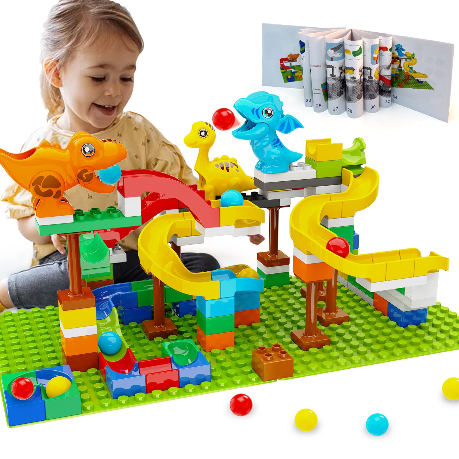 Dinosaur Marble Run Building Blocks STEM Toys for Kids Ages 3-8 | 127 Pcs Construction Set with 3 Dinos & Ball Run Track, 4 in 1 Modular Design Learning Toys for Boys Girls, Christmas Birthday Gift