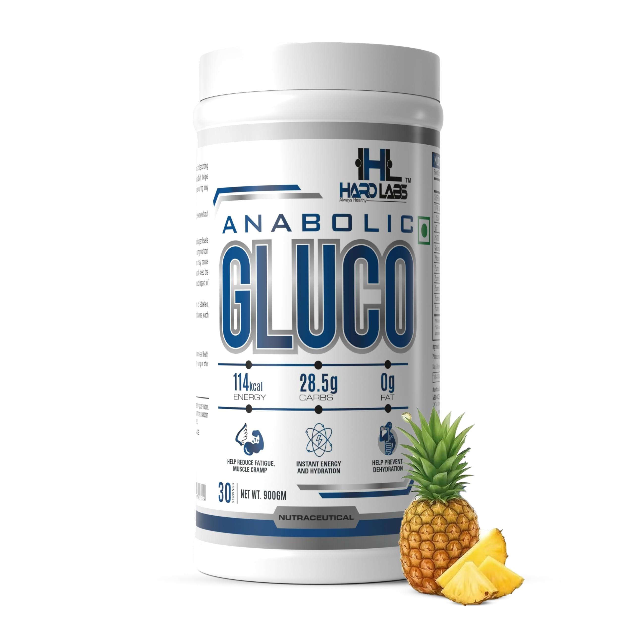 Hard Labs Anabolic Gluco Instant Energy Drink, 30 Servings,Pineapple Flavour, 900g, 114 kcal, 28.5g Carbs, 0g Fat-image-49
