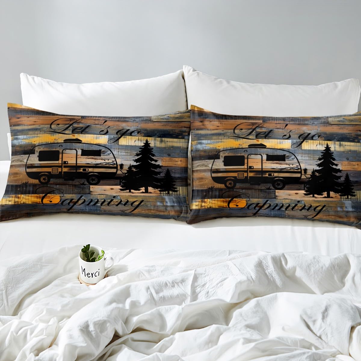 Set copripiumino matrimoniale con scritta Happy Camping RV Trailer - Set di biancheria da letto per bambini, ragazzi, ragazze, adulti, rustica, in legno, per porta in stile rustico, 2 federe