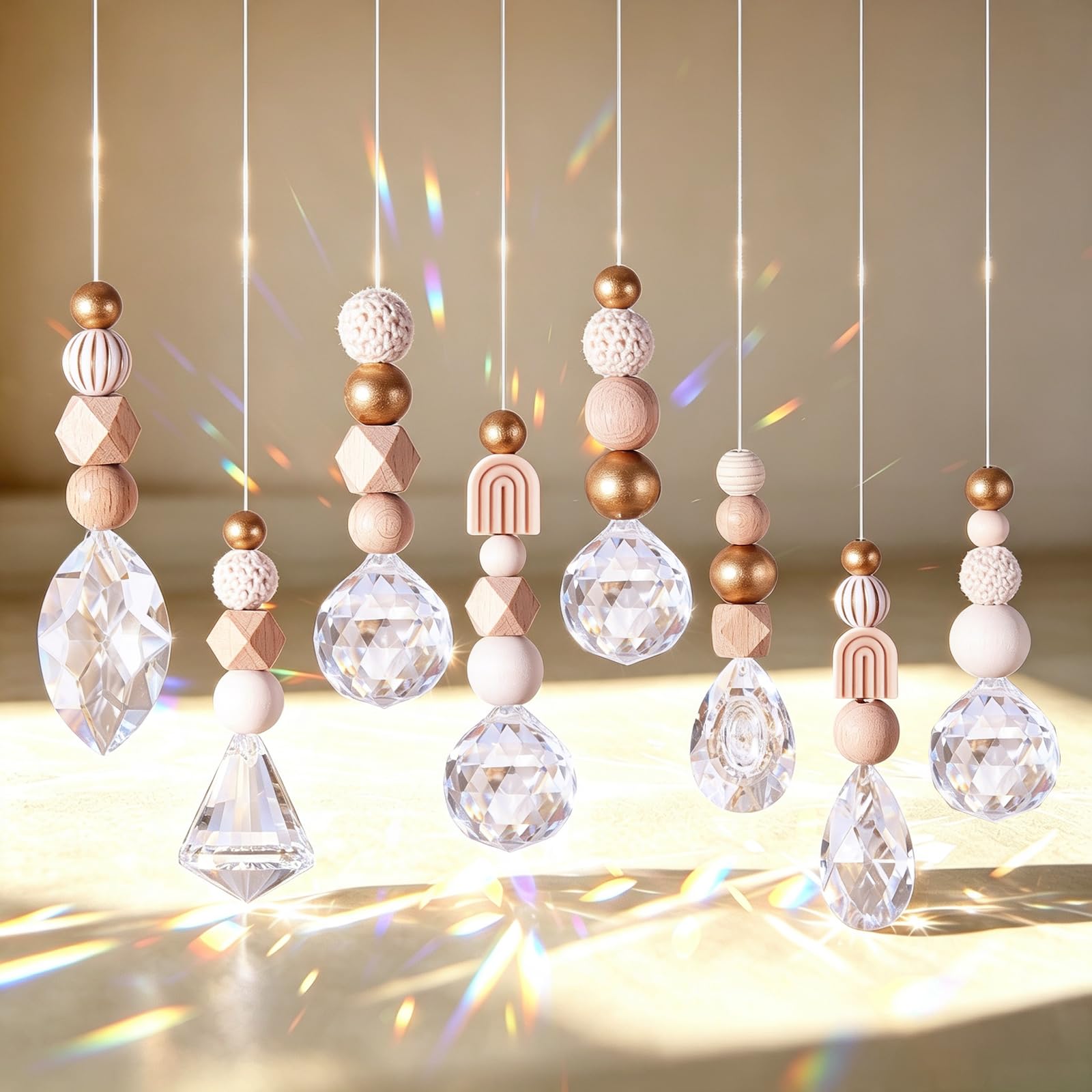 8PCS Crystal Suncatchers with Wooden Beads for Window DIY Sun Catchers Kit