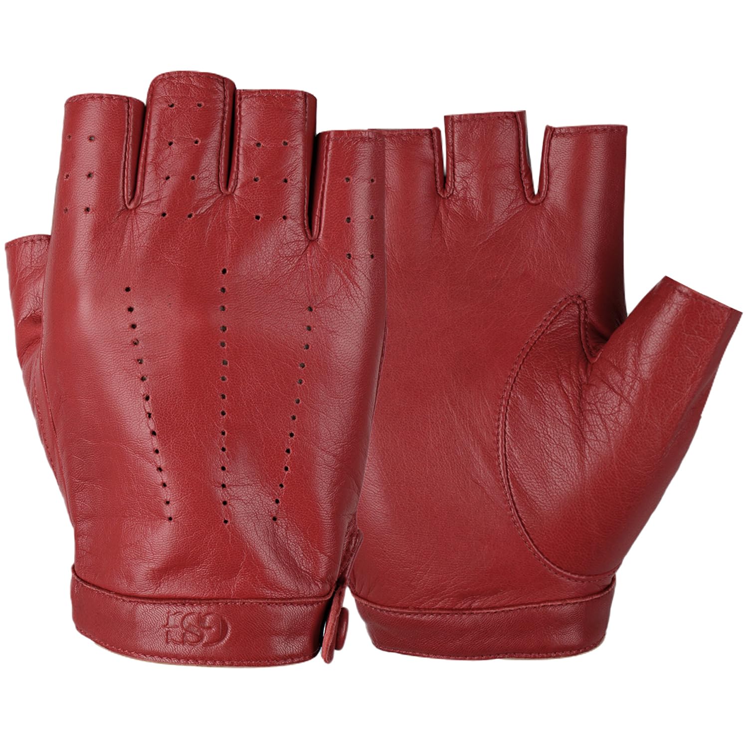 GSG SINCE 1998 Guanti Pelle Donna Senza Dita – Pelle di Pecora, Senza Fodera, Mezza Dita per Guida, Ciclismo e Attività Outdoor, Rosso M