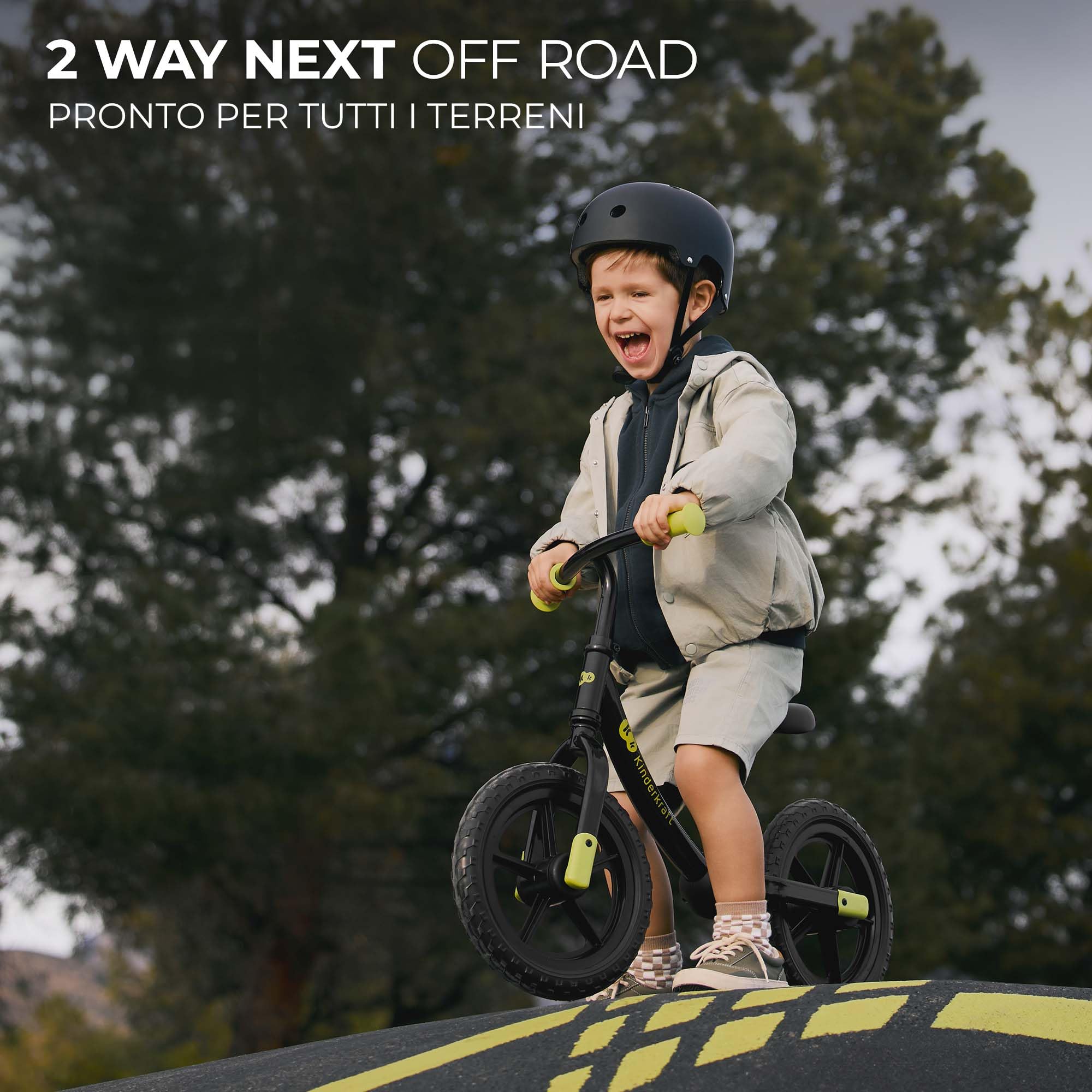 Kinderkraft 2WAY NEXT OFF ROAD Bicicletta fino a 35 kg, bicicletta per bambini, ruote da 12 pollici, sella e manubrio regolabili in altezza, facile da montare, impugnatura in gomma, nero