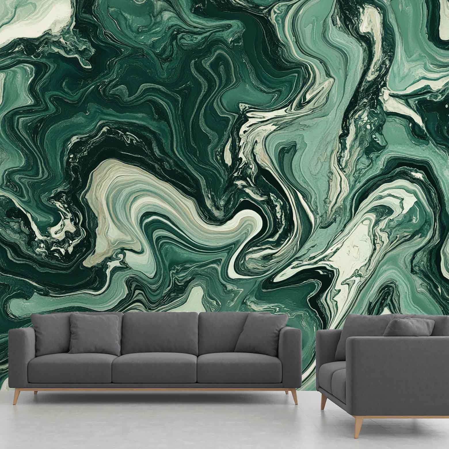 Papier peint marbre vert pour un salon moderne au style peinture à l'encre