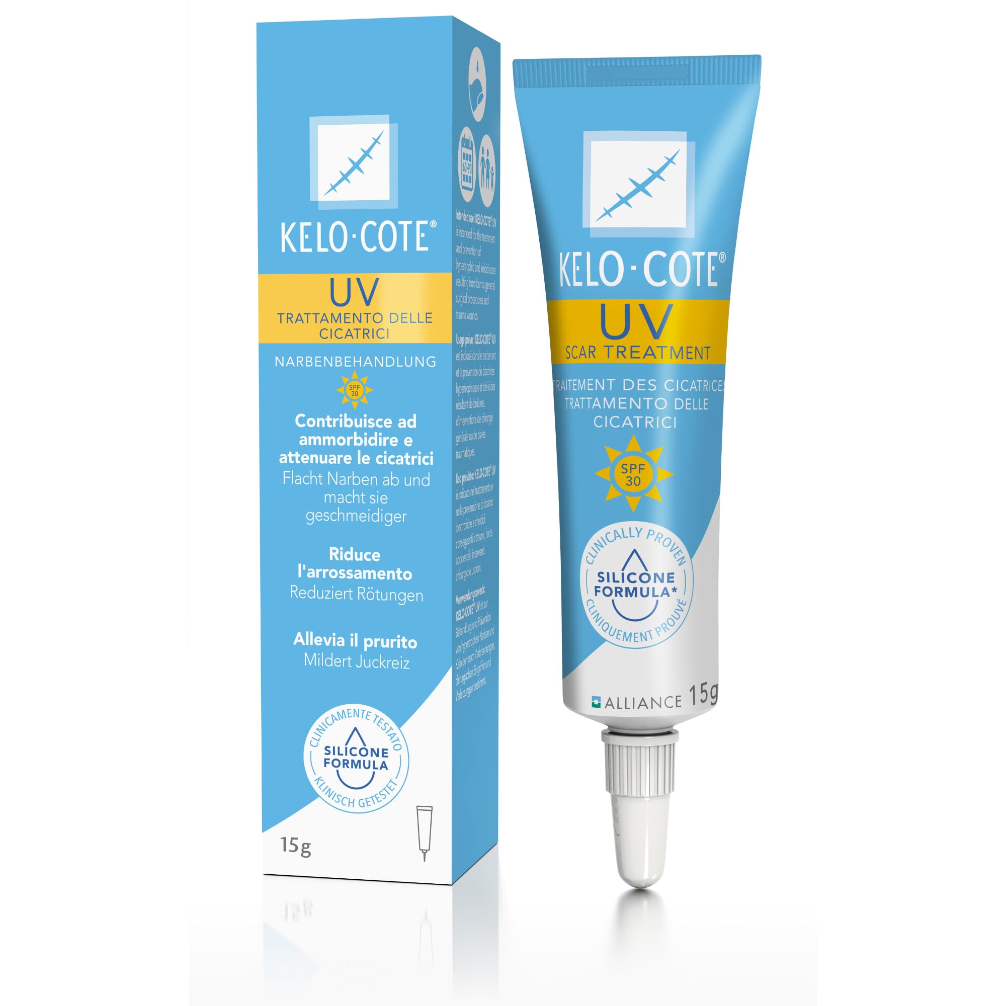 KELO-COTE UV SPF30 Gel de Cicatrización con Protección Solar de 15g, para Cicatrices Quirúrgicas, Cicatrices Elevadas, Cicatrices Quísticas como Cicatrices Hipertróficas y Queloides, Lesiones