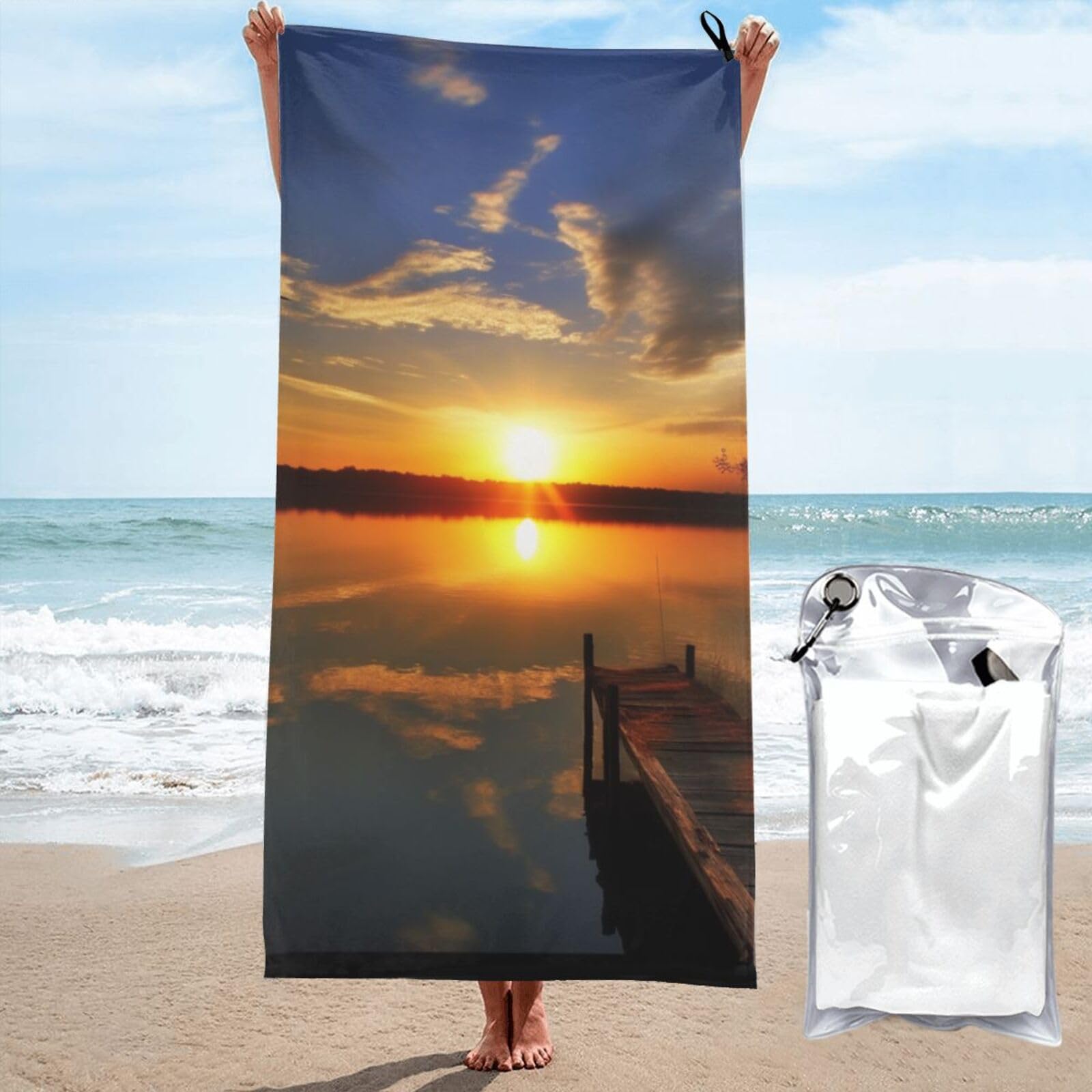 BWWHCCTI Lake under Sunset Printed Microfiber Quick Dry Beach Towel 80x160 CM, Fast Drying Bath Towels with Bags for Travel,Camping,Gym,Beach,Swimming,Yoga
