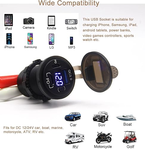 Miniatura 7 de Toma de corriente USB de 12 V, enchufe de cargador de coche USB C dual y puerto de carga rápida 3.0 con voltímetro e interruptor de alimentación