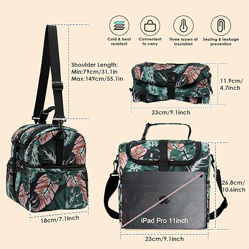 Miniatura 2 de PBRO Lonchera térmica de doble cubierta para mujer, lonchera grande reutilizable con cinturón de hombro ajustable, bolsillos laterales, lindas hojas