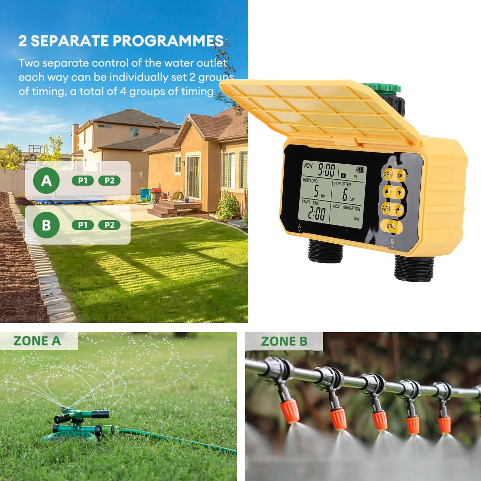 Fockety Inteligentny WiFi Water Timer, 2-strefowy zewnętrzny solarny WiFi Sprinkler Timer do węża ogrodowego z opóźnieniem deszczu, ręczne/automatyczne podlewanie