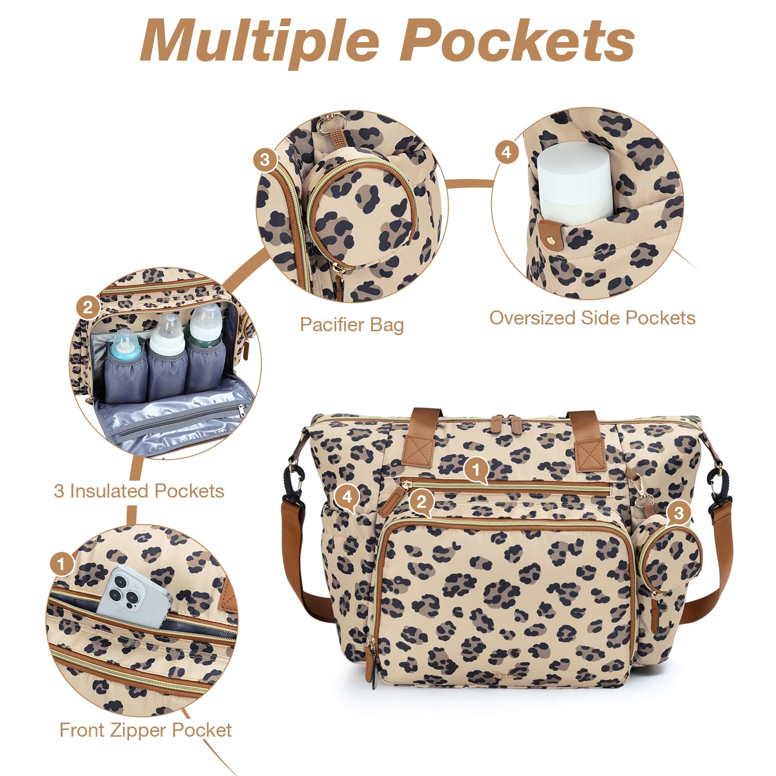 Borsa fasciatoio con borsa per ciuccio e fasciatoio, zaino multifunzione per pannolini da viaggio per mamma e papà, con leopardo isolato