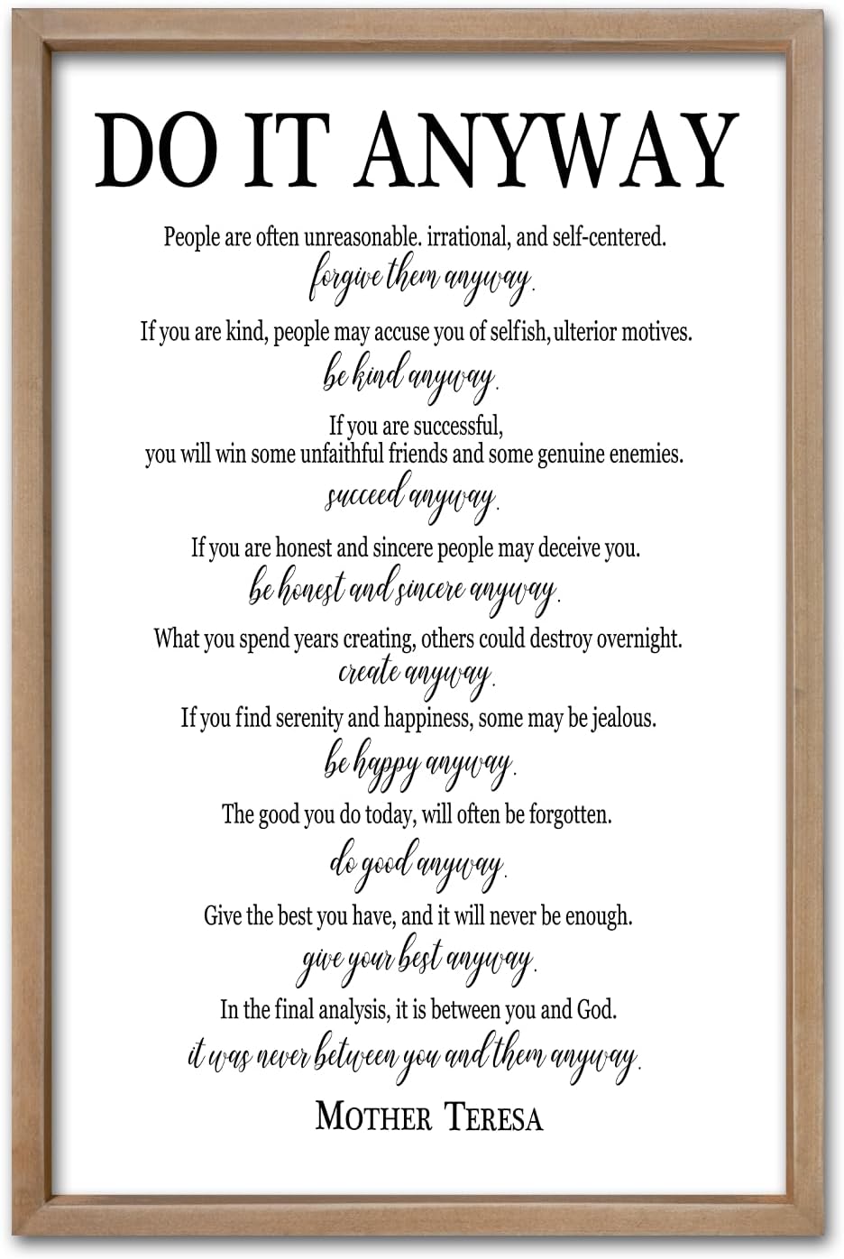 comurdyo Do It Anyway Wall Decor 24"x16" Mother Theresa Quotes Inspirational Sign Bible Verse Christian Motivational Modern Bedroom Vintage Wood Framed Farmhouse Wall Hanging Art (Wood)