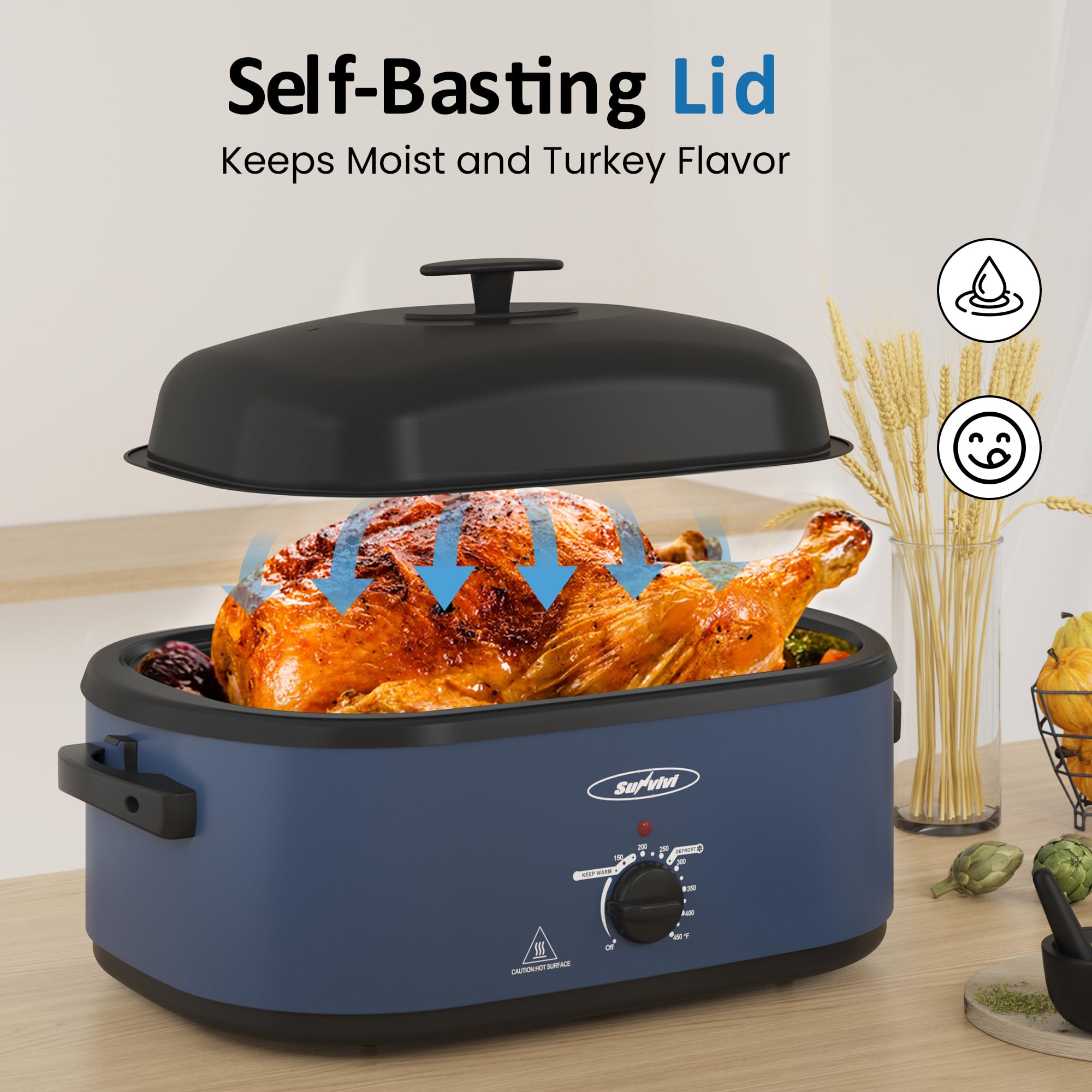 Sunvivi Horno asador eléctrico de 20 cuartos de galón, con 3 compartimentos, horno tostador de pavo con tapa autosuficiente, sartén y estante extraíbles, función de descongelación y calor, apto para