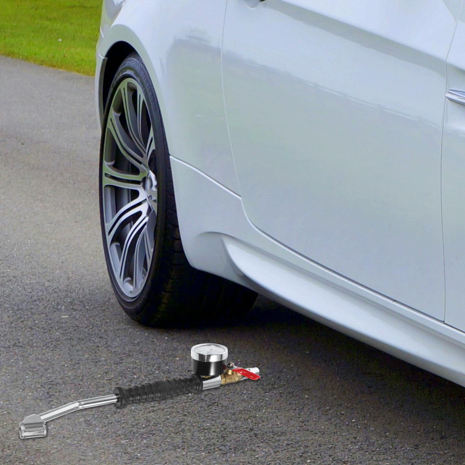 Manometro Pressione Pneumatici Portatile in Ferro Multi-Funzionale per Controllo Pressione Gomme Auto e Veicoli Pesanti Attacco Rapido e Leva Ergonomica
