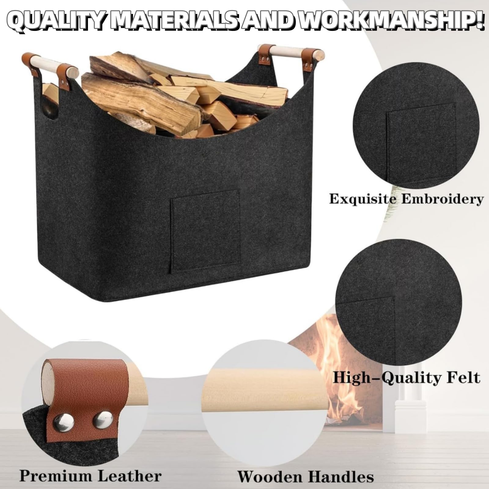 Panier à Bois de Chauffage Extra Large 50L Gris Foncé, Sac Pliable en Feutre avec Poignée Renforcée