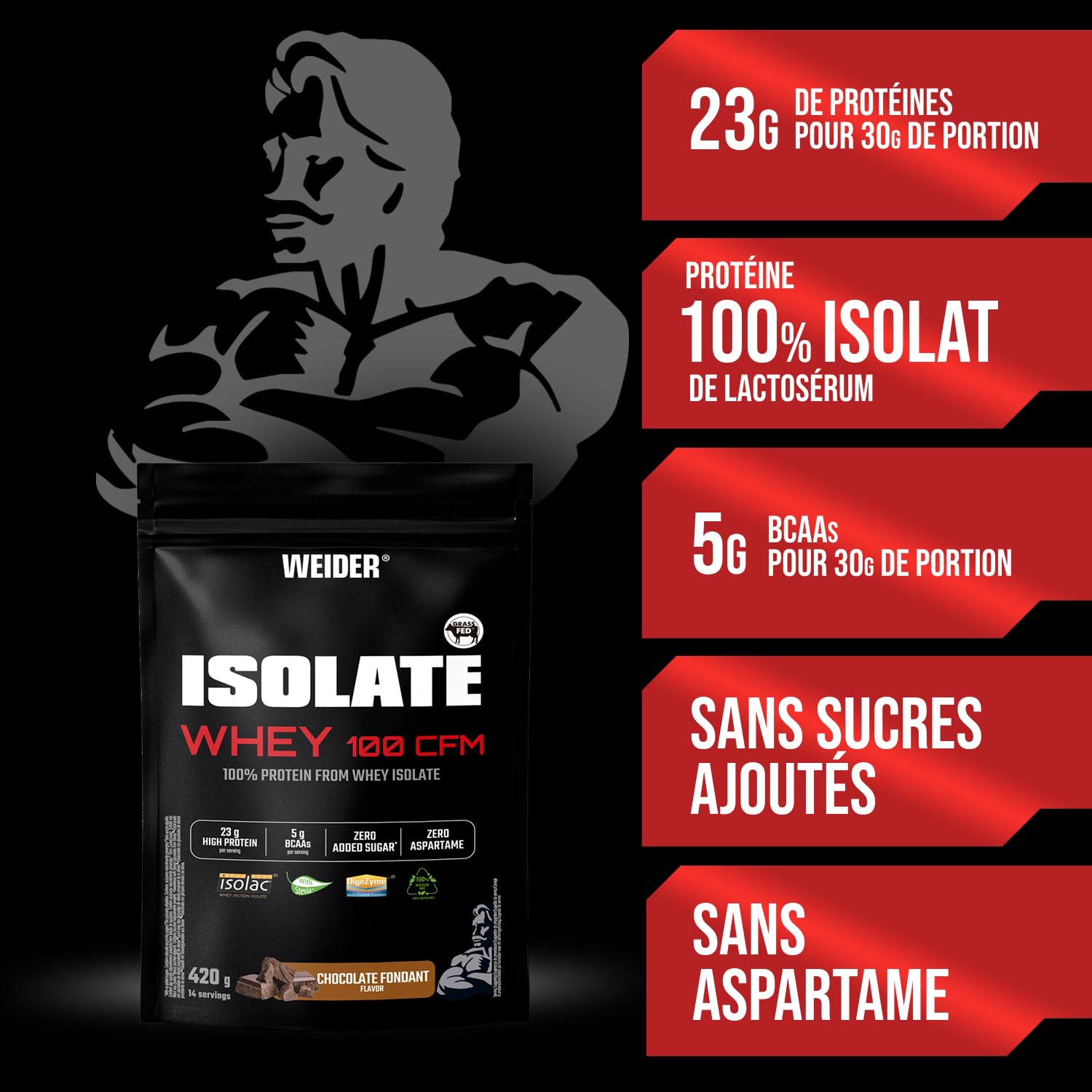 Weider Isolate Whey 100CFM (420g) Goût Chocolat, 100% Isolat de Protéines de Lactosérum 23g /Portion, Avec Enzymes Digestives, Sans Sucres Ajoutés, ni Aspartame, Faible teneur en Graisses, 14 portions