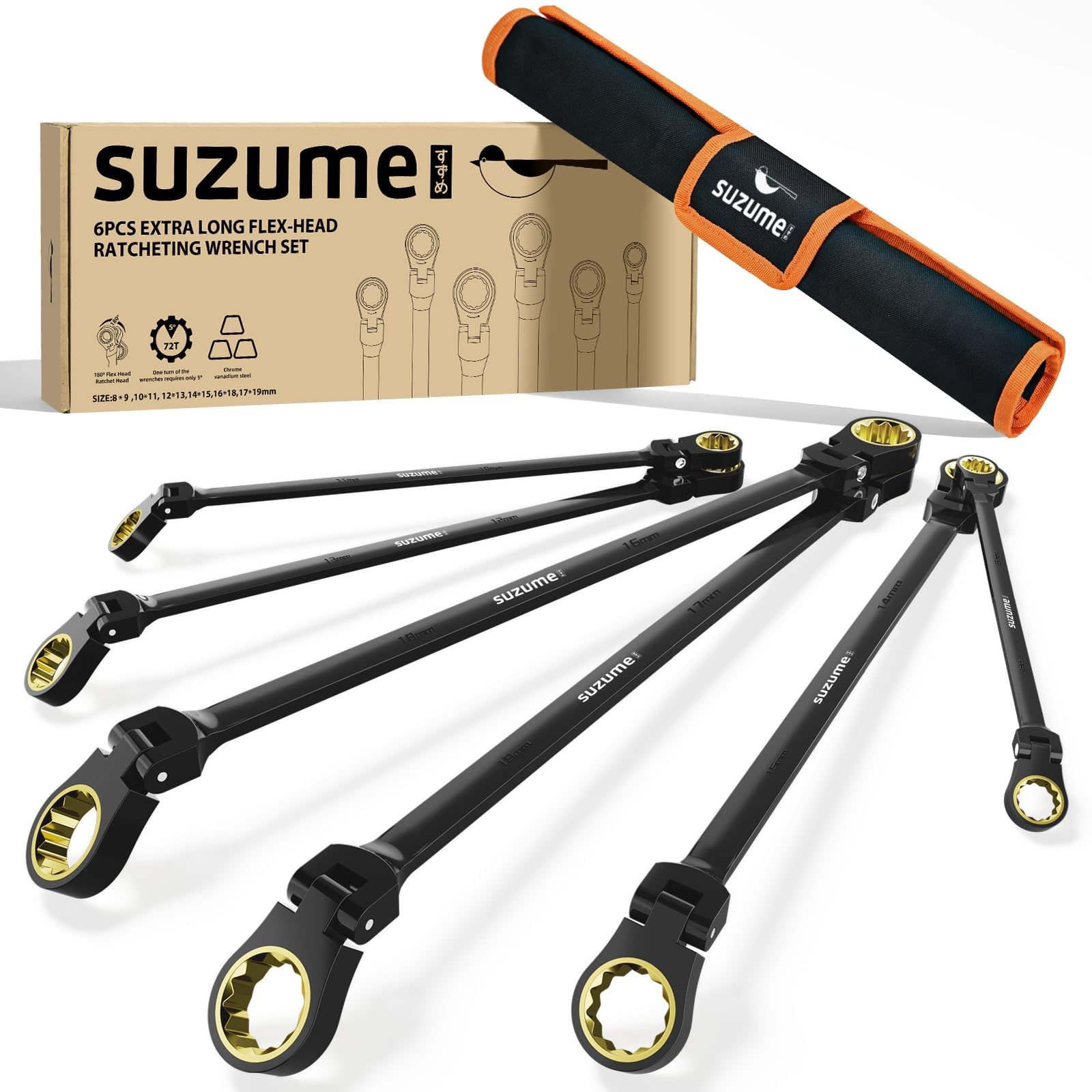 SUZUME Extra Long Flex Head Ratcheting Wrench Set 6PCS Metric (8-19mm)