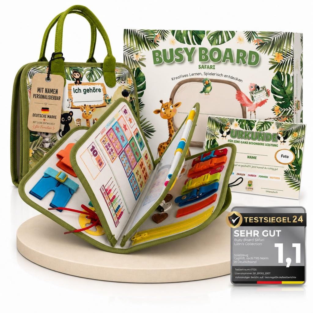 Lion’s Collection Montessori Busy Board Deutsch ab 3 Jahre – Busy Book & Activity Board für Kinder – Motorikbuch & Lernbuch – Reisespielzeug für Auto, Zug & Flugzeug